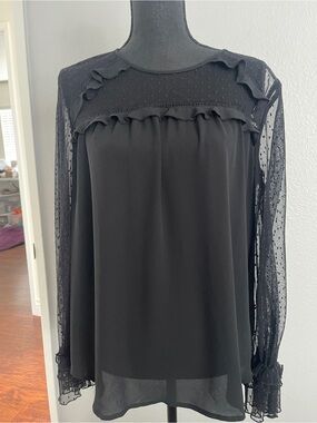 LOFT Black Ruffle Yoke Sheer Sleeve Blouse
